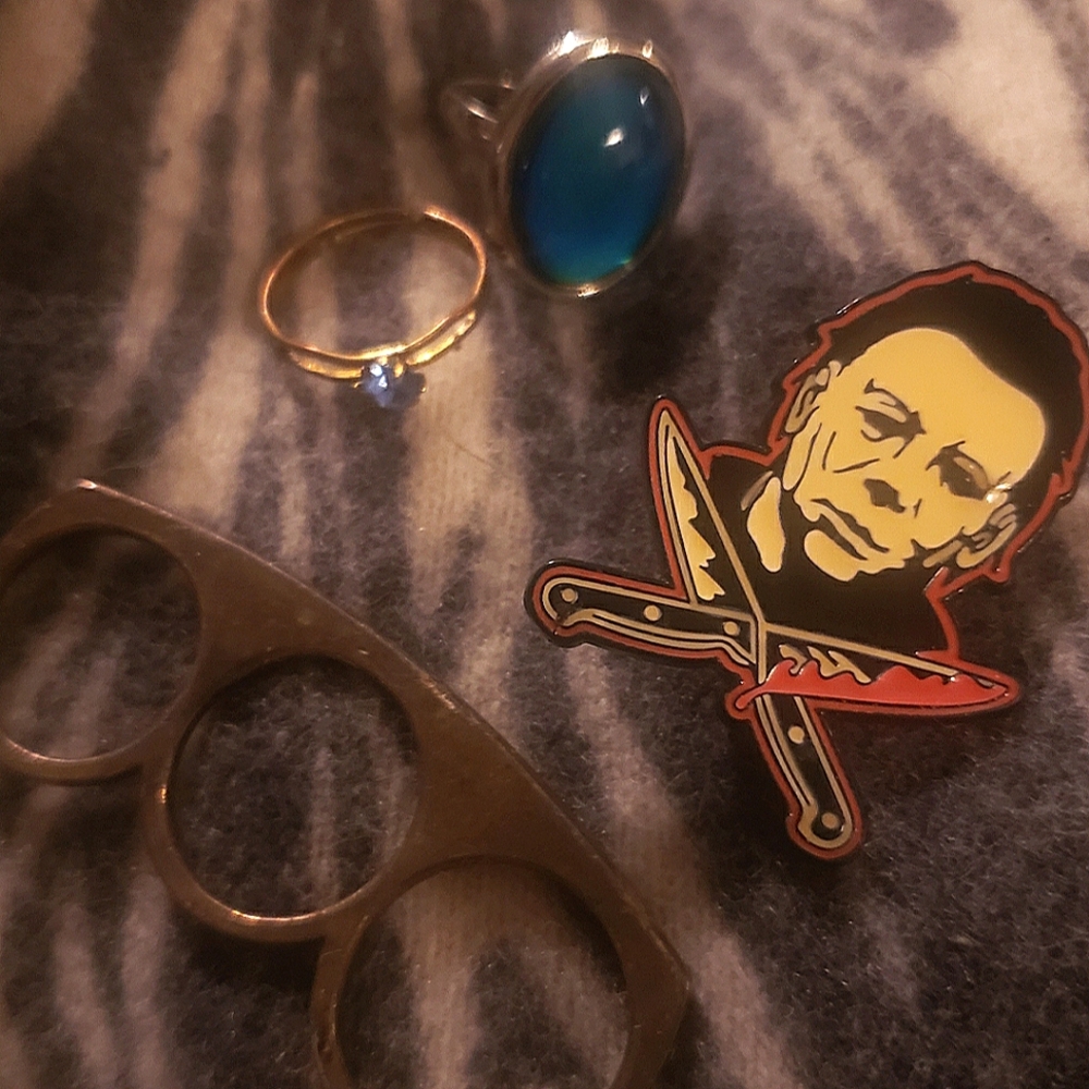 Mood Ring, Michael Myers Pin, March Birthstone, "Brass Knuckles" = Crap Jewelry!